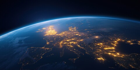 Obraz premium A stunning satellite-style view of Europe and surrounding regions at night, illuminated by a vast network of glowing city lights