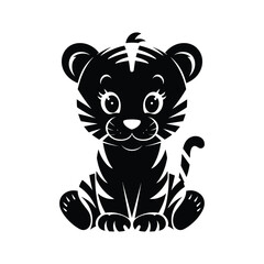 Cute Baby Tiger Sitting - Black Silhouette Vector Icon