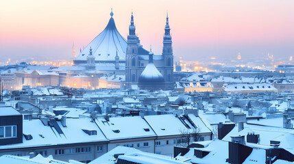 Obraz premium Snowy Urban Landscape Showcases Historic Church and Cityscape at Dawn