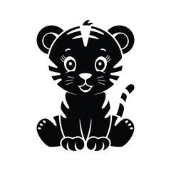 Cute Baby Tiger Sitting - Black Silhouette Vector Icon
