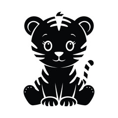 Cute Baby Tiger Sitting - Black Silhouette Vector Icon