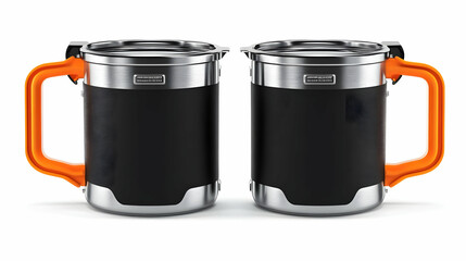 Two Black and Silver Metal Mugs with Orange Handles Isolated on White Background