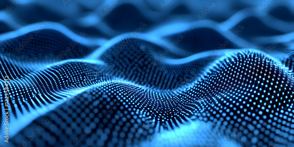 Poster abstract blue particle wave flowing smoothly in a dynamic digital environment