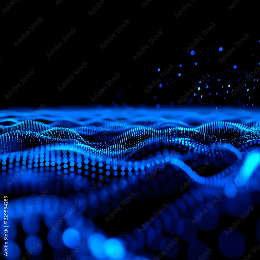 Poster abstract blue particle waves flowing smoothly in a dark background