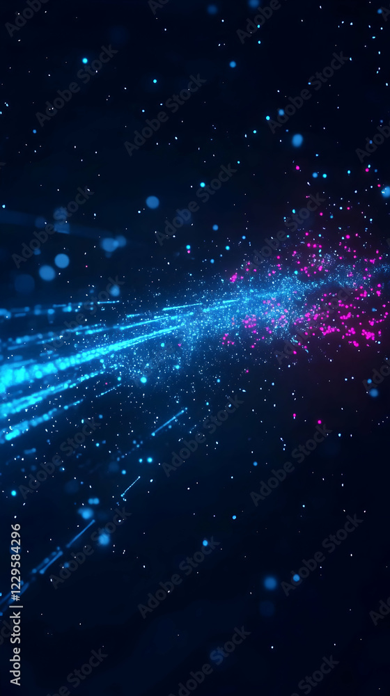 Poster abstract background with blue and pink particles flowing dynamically in dark space