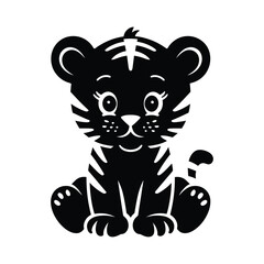 Cute Baby Tiger Sitting - Black Silhouette Vector Icon