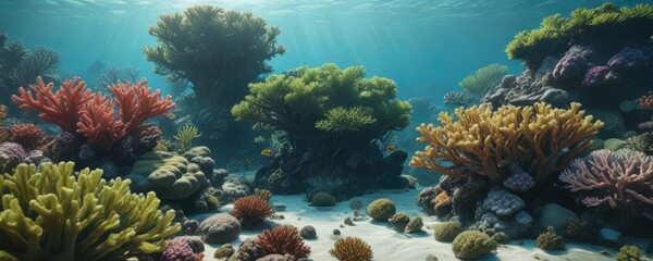 Naklejka premium Shallow coral reef with lush algae and corals, marine ecosystem, lush algae