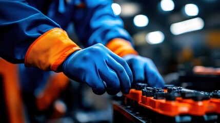 Industrial worker assembling components manufacturing facility photography indoor environment close-up view efficiency in action
