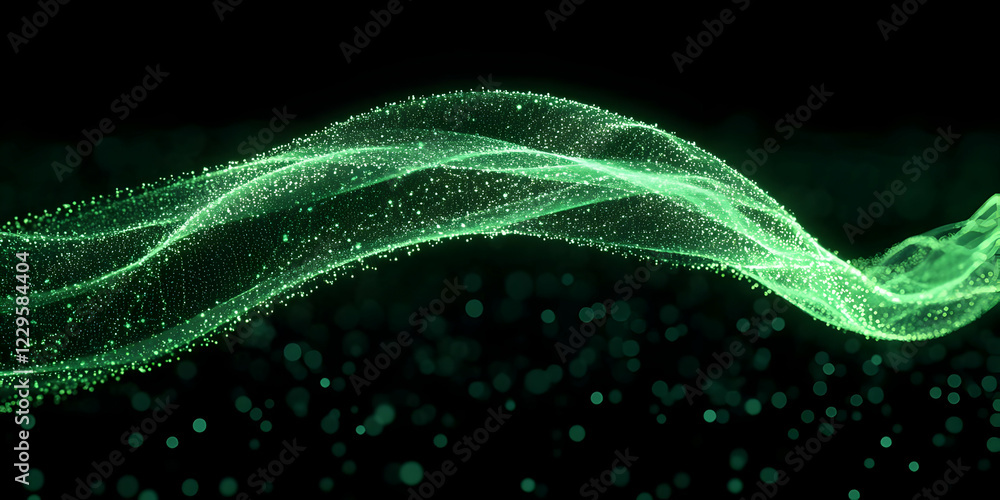 Poster abstract green particles flowing smoothly on a black background with bokeh effect