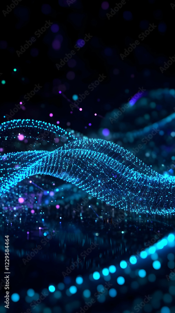 Poster abstract blue particles flowing and glowing with bokeh lights on dark background