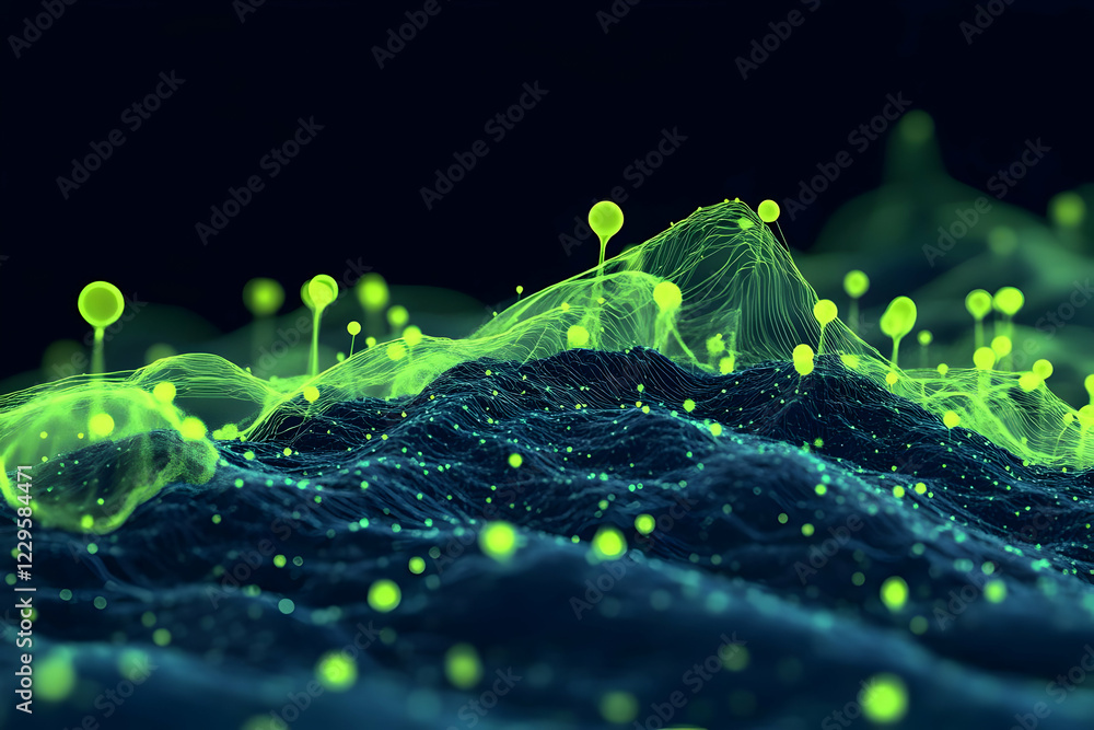 Poster abstract 3d landscape with glowing green particles and mesh network dynamically interacting