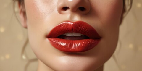 Obraz premium Shimmering amber lip gloss smear with a hint of red on a neutral beige, lip color, subtle sparkle