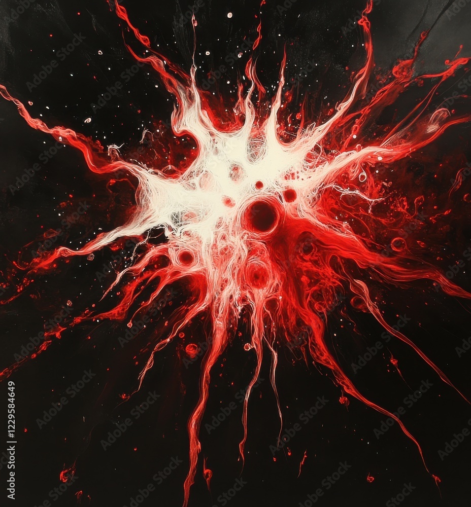 Poster abstract explosion of red and white colors on a dark background, showcasing dynamic swirl patterns a
