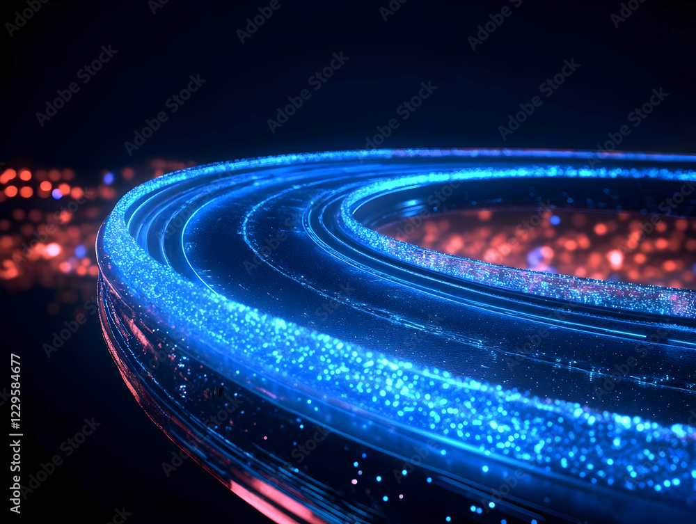 Poster glowing blue circular structure with particles on a dark background