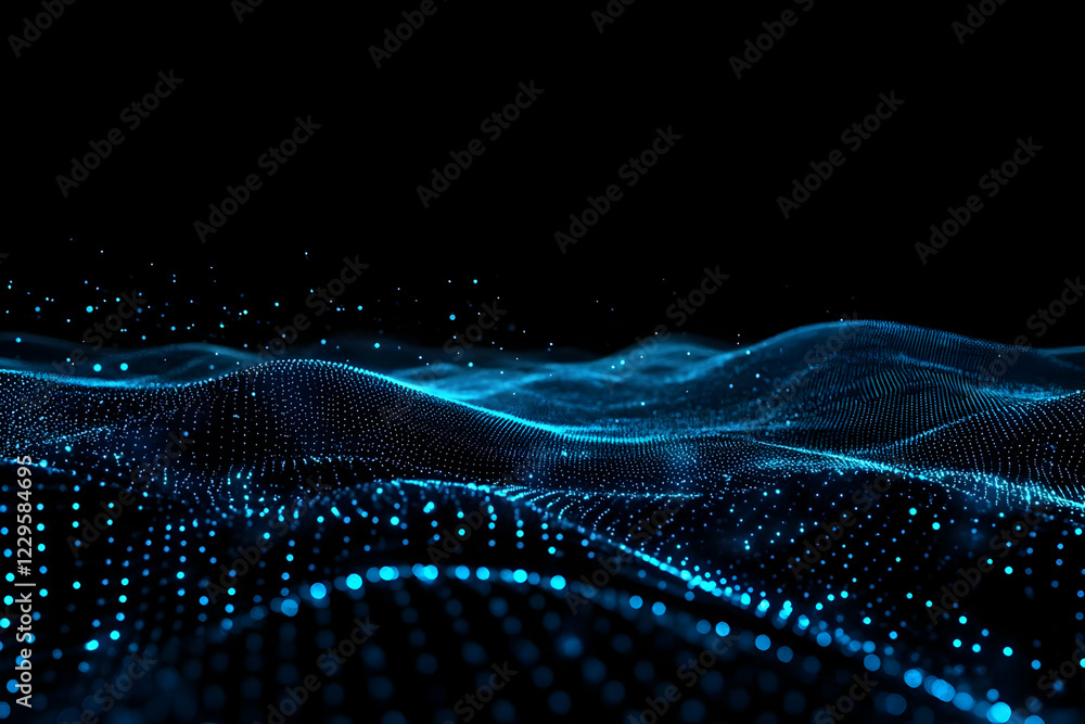 Poster abstract blue particle waves flowing smoothly on a dark background