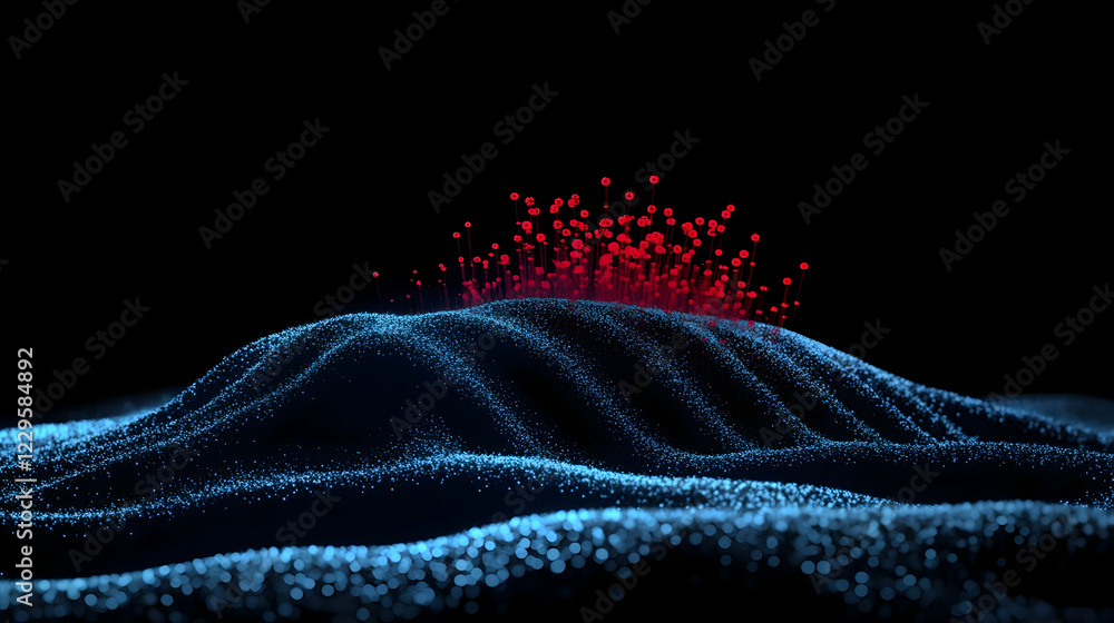 Poster red and blue particle landscape forms a hill on a dark background with depth of field