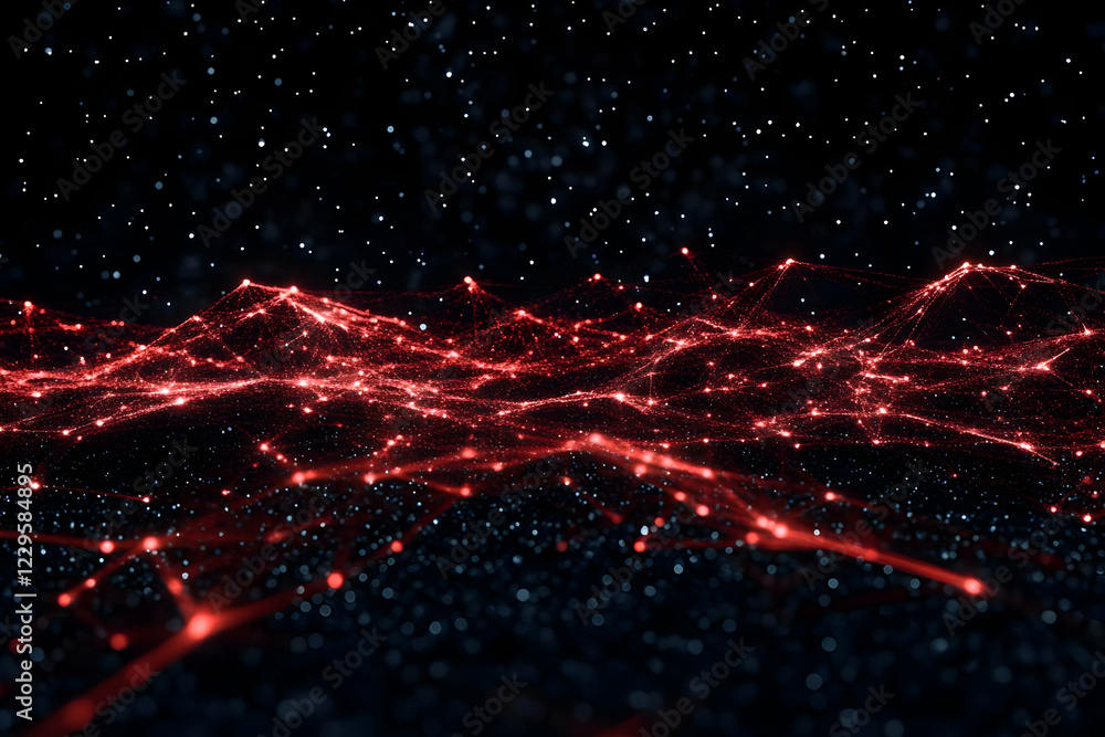 Poster abstract red glowing terrain spreads across a dark background with twinkling lights