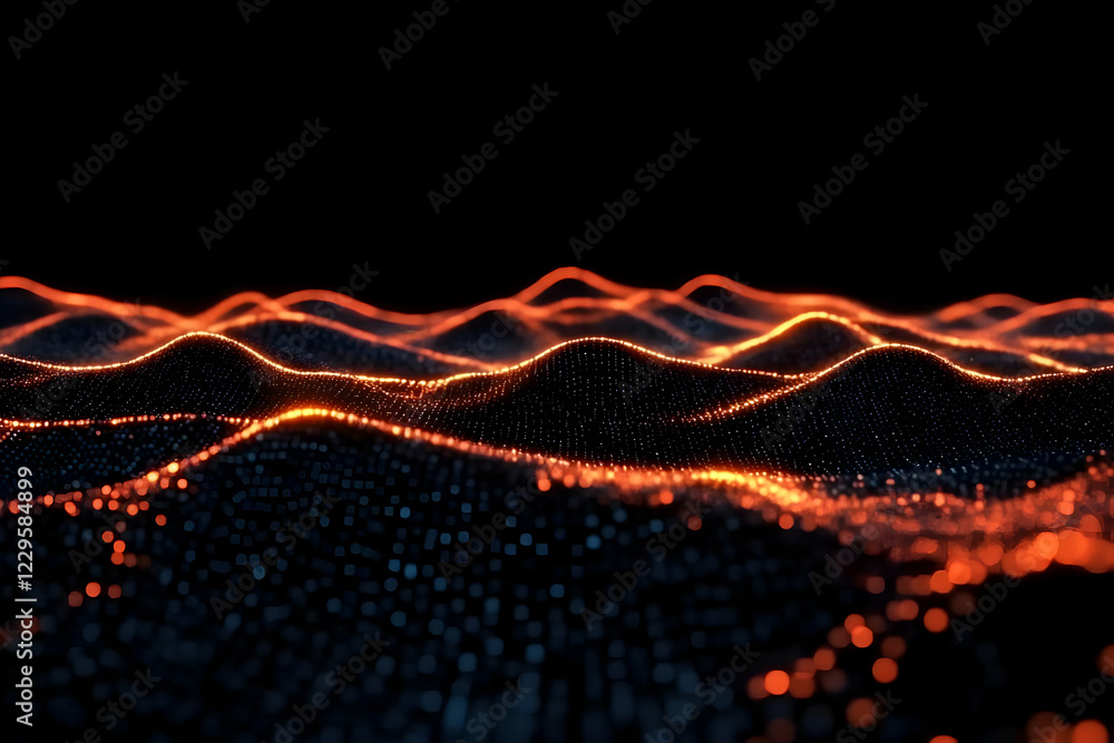 Poster abstract 3d landscape forms flowing orange lines elegantly over a dark textured surface.