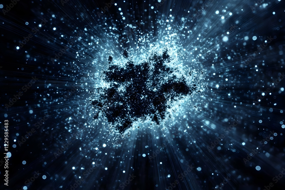 Poster abstract background with dark center and radiating blue particles dynamically