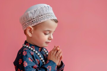 A Little Muslim boy with praying beads on pink background