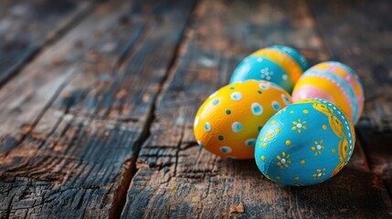 Obraz premium Colorful decorated Easter eggs resting on a rustic wooden table, evoking spring festivities