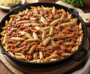 Skillet filled with penne pasta smothered in a rich and tangy ground turkey sauce, creamy sauce, comforting meal, meaty filling