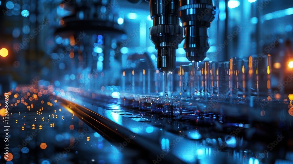 Poster high-tech automated production line with precision machinery assembling glass vials in a factory