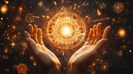Close up of human hands holding sacred geometry symbol. 3D rendering.