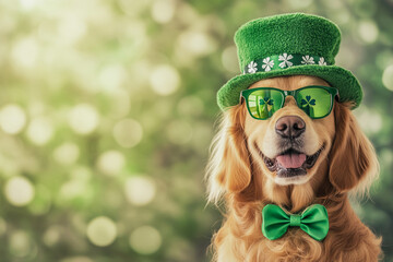 Golden retriever wearing green sunglasses and St. Patrickâ€™s Day hat with shamrock decorations on a festive bokeh background, symbolizing celebration and Irish traditions