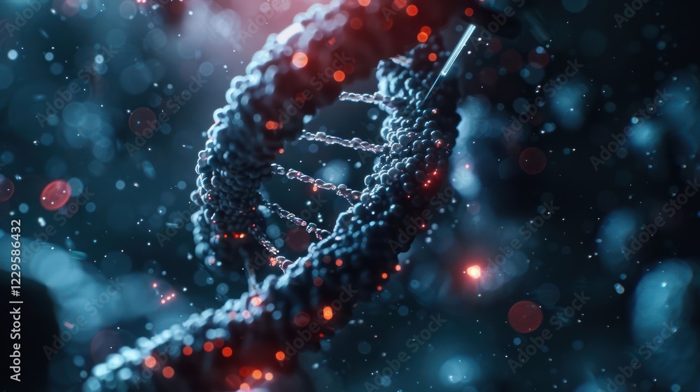 Poster abstract representation of dna structure with glowing elements and a blurred background effect