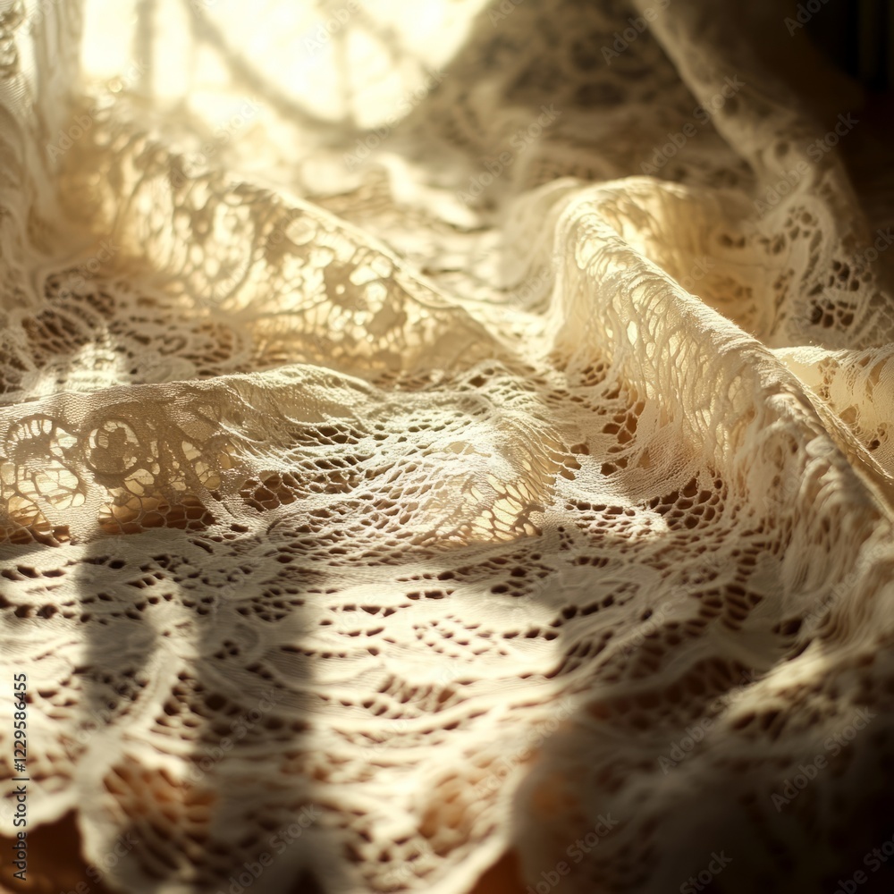 Poster sunlight streaming through delicate lace fabric, highlighting intricate patterns and textures in sof