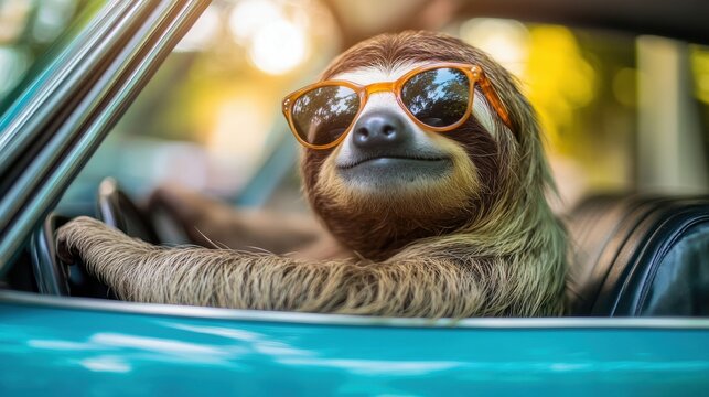 Sloth Driving Vintage Car Sunny Road Fun Image Nature Playful Perspective