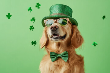 Golden retriever dressed for St. Patrick's Day with green hat, glasses, and bow tie against a shamrock-decorated green background, symbolizing Irish festivities and celebration