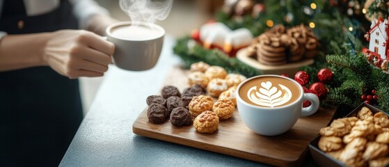 Fototapeta premium Person holding a cup of coffee with a plate of cookies on a wooden table in a cozy indoor setting