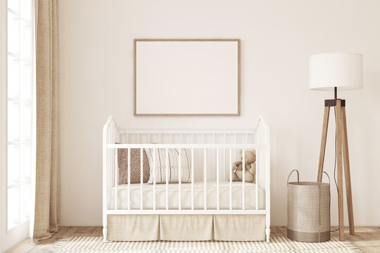 Nursery interior in romantic style. Poster mockup. 3d render.