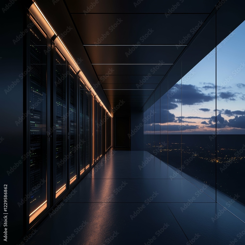 Poster high-tech server room overlooking cityscape at dusk with advanced data infrastructure