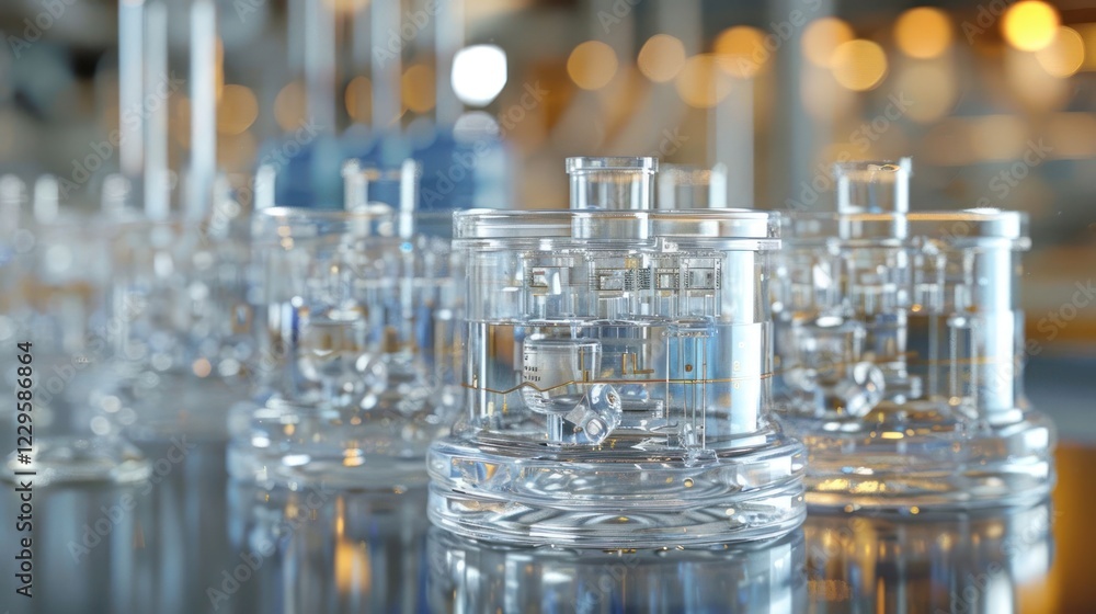 Poster close-up of laboratory glassware arranged on a reflective surface with blurred background elements