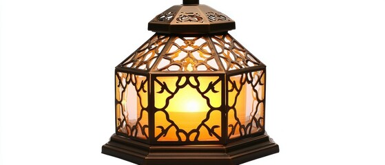 Ornate lantern glowing on white background, ideal for home decor