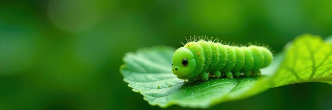 Small green caterpillar on water dropwort leaves, foliage, larva