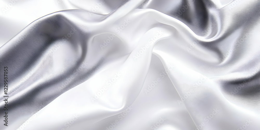 Poster white and silver satin fabric flows smoothly and elegantly, creating an abstract background.
