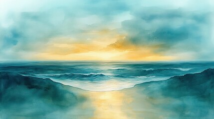 Fototapeta premium Serene ocean sunset, teal waves, golden light