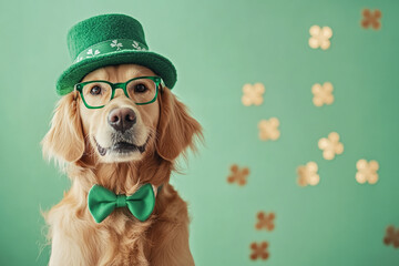 Golden retriever dressed for St. Patrick's Day with a green hat, bow tie, and glasses, standing against a shamrock-decorated green background, representing Irish celebration and luck