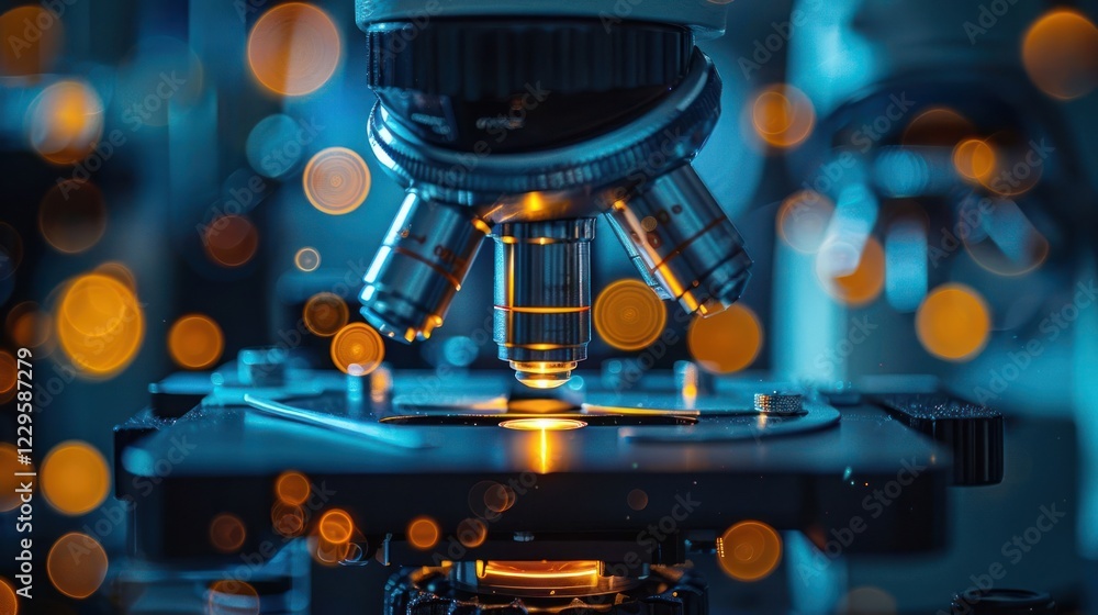 Poster close-up of a microscope with illuminated slide, showcasing scientific research in a lab setting