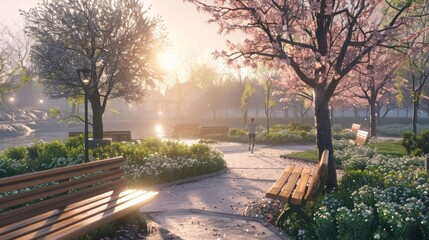 Obraz premium Serene park scene at sunrise with blooming trees, benches, and a peaceful waterway in the background