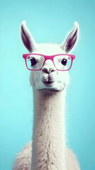 Fototapeta premium White Llama Wearing Pink Glasses Poses Confidently Against a Bright Blue Backdrop