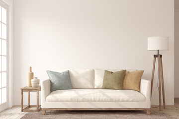 Living-room interior in scandinavian style. Interior mockup. 3d render.