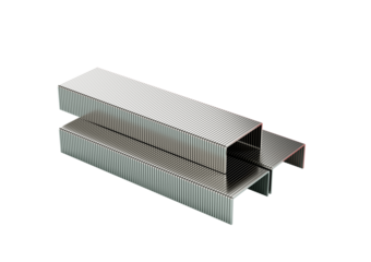 Three Metallic Staple Pins Blocks Rest On A Split Light Blue And Pink Background 3D Illustration