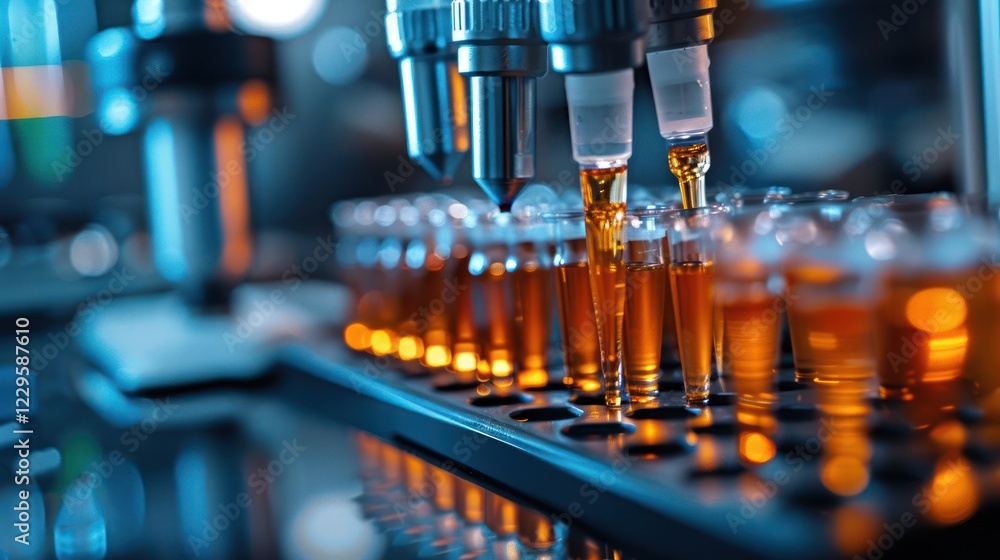 Aufkleber laboratory scene showcasing automated dispensing of amber liquid into multiple test tubes