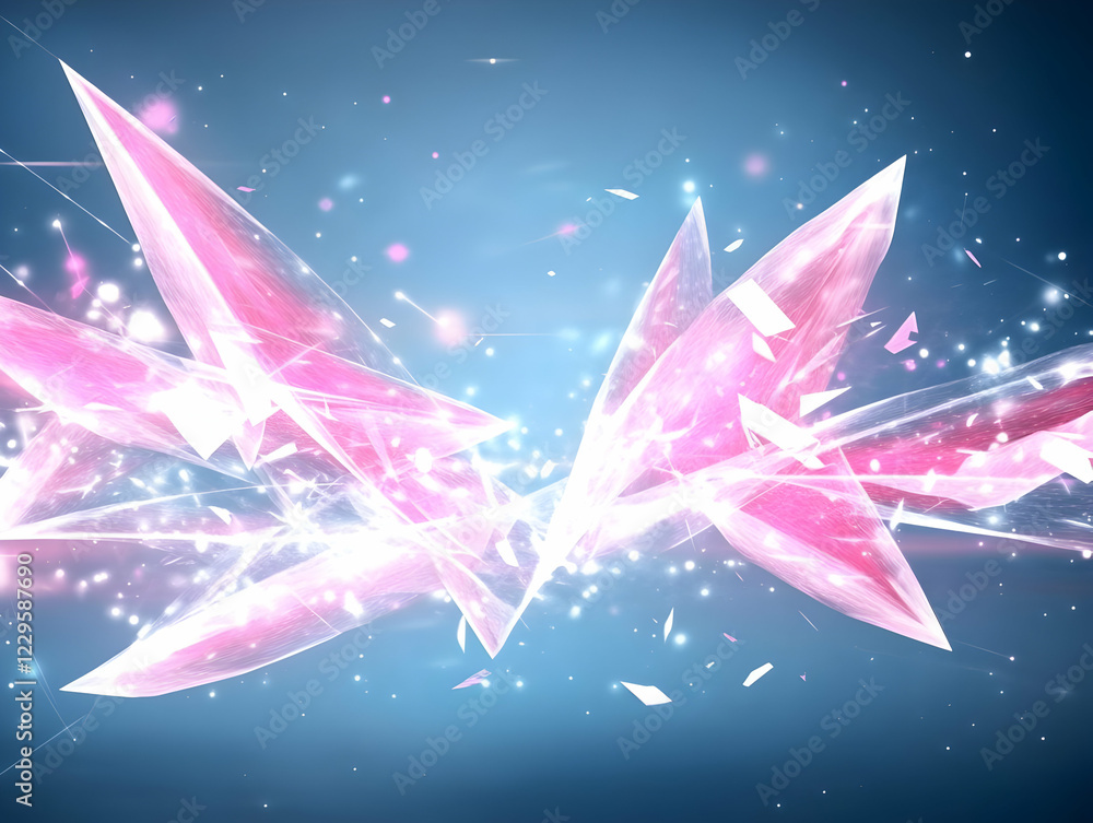 Poster abstract pink crystal shards explode dynamically on a soft blue background