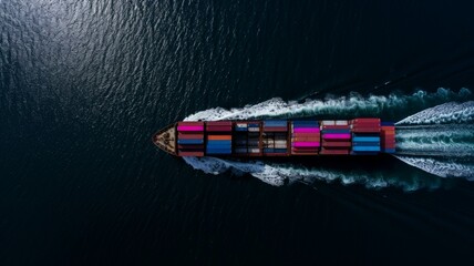 Ocean cargo ship at sea. Global export transport and expansion. Commercial trade. Worldwide delivery. Heavy cargo. Mail, postal, merchandise.